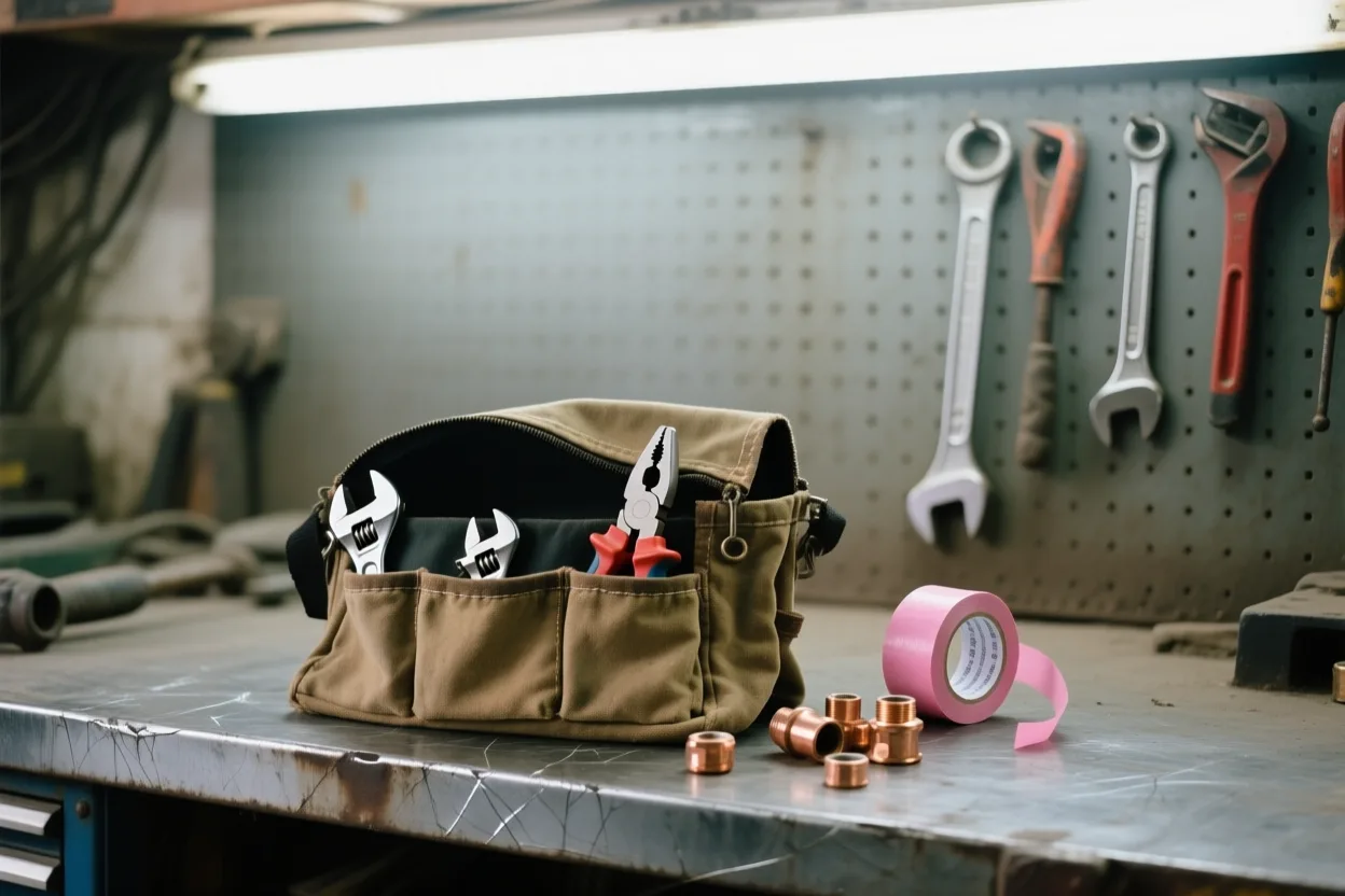 Plumbing tools and fittings arranged on a workbench