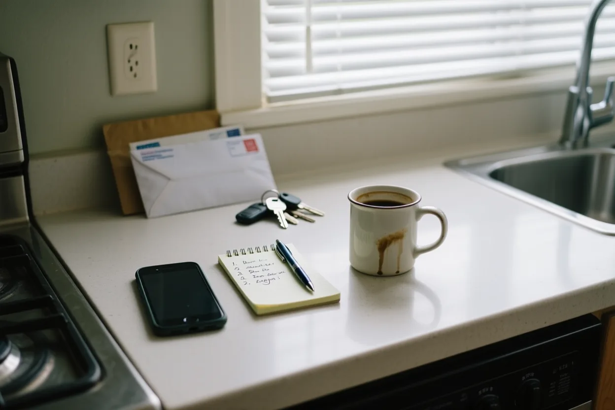Phone and notepad on a kitchen counter