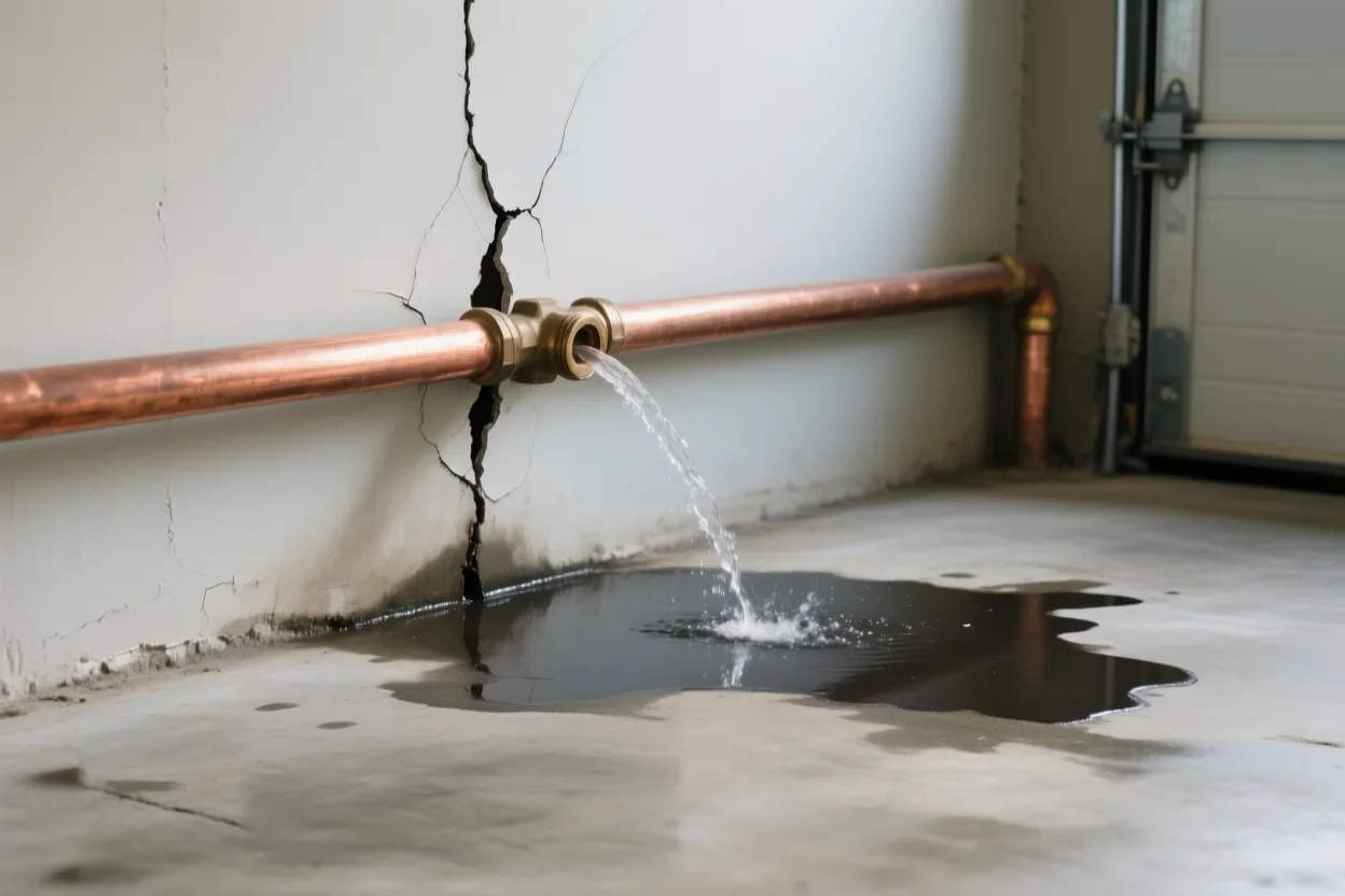 Split copper pipe spraying water onto a garage floor