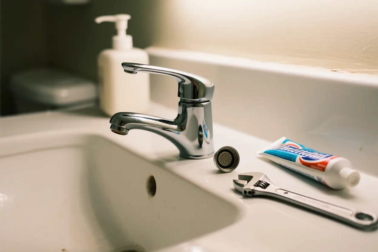 Faucet aerator removed at a bathroom sink with a wrench nearby