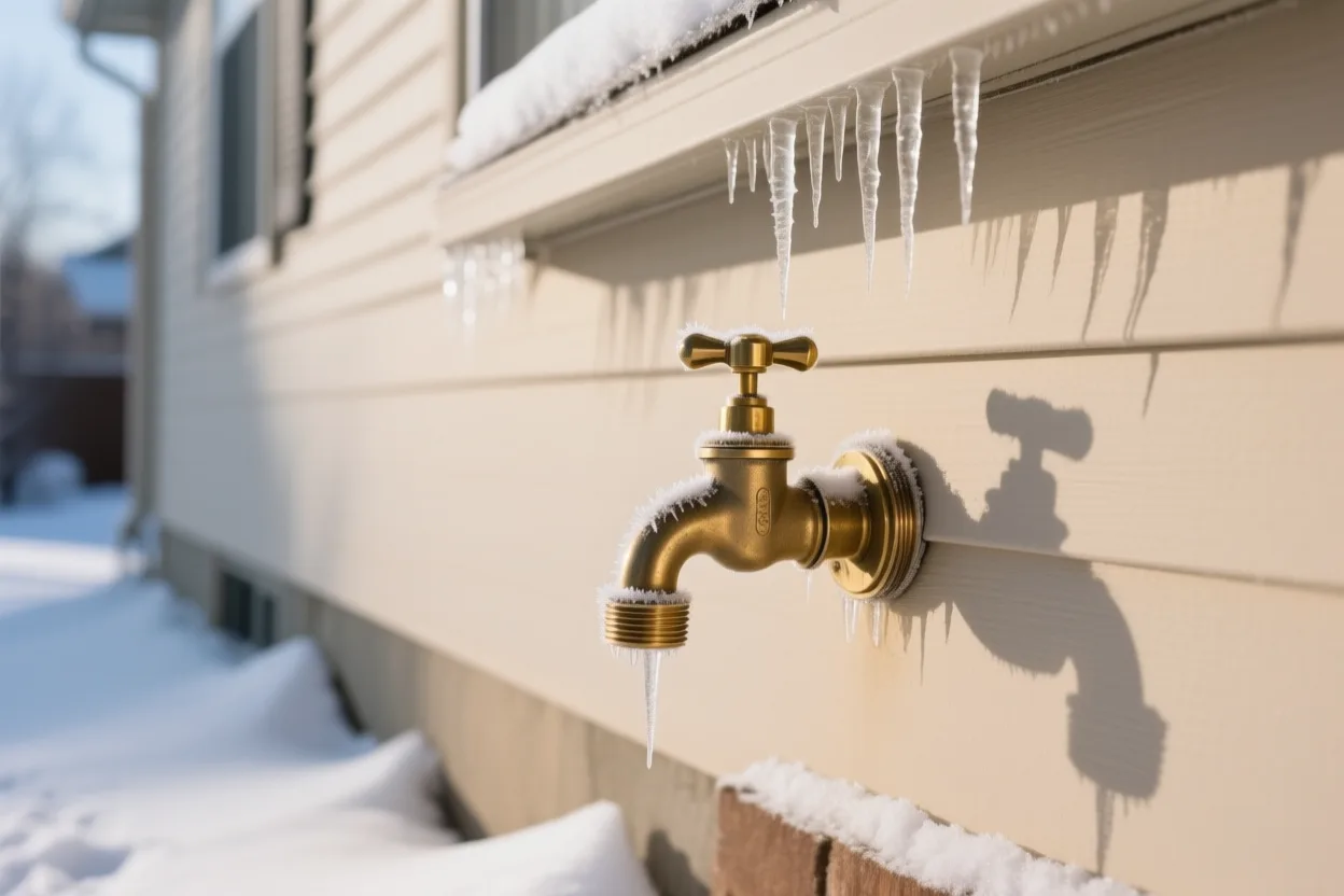 Frost-covered hose bib on a house exterior in winter