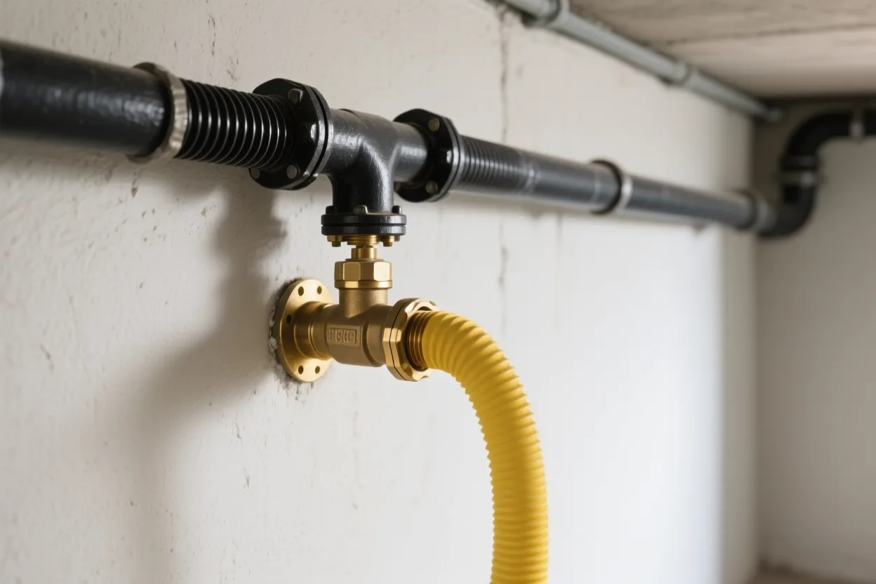 Black iron gas pipe with a yellow flex connector at a shutoff valve