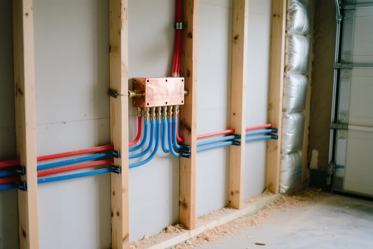 PEX manifold with red and blue tubing runs on a garage wall