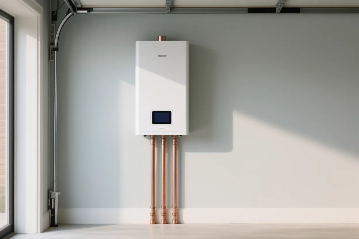 Wall-mounted tankless water heater with copper pipes below