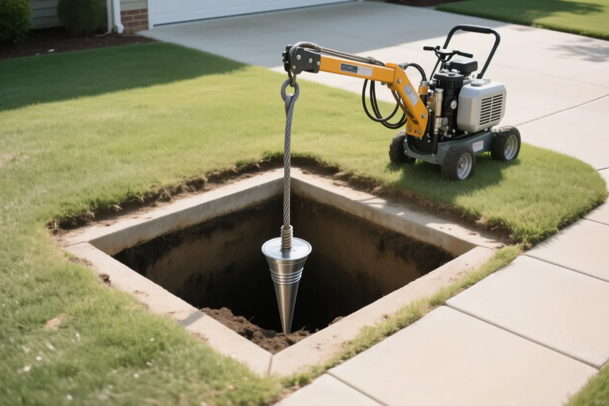 Small access pit with pipe-bursting equipment in a front yard