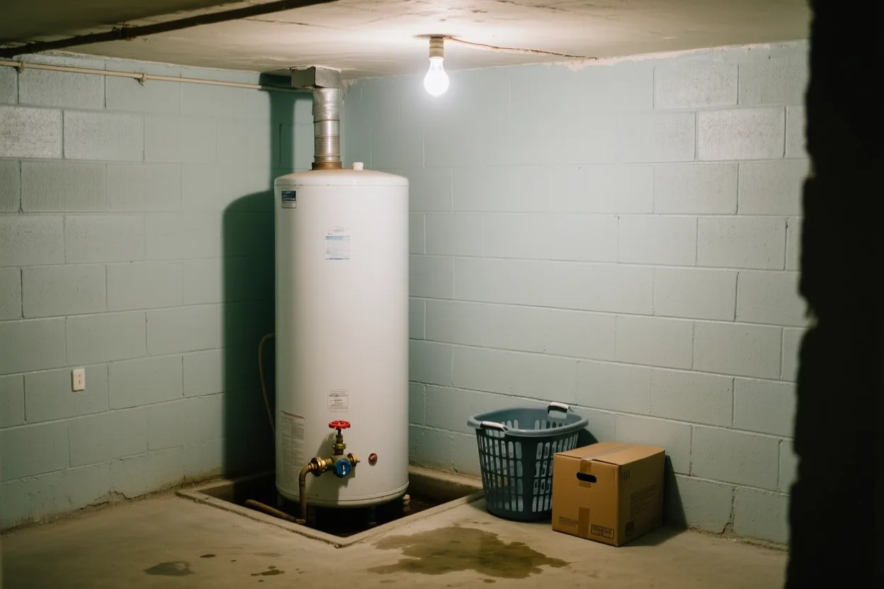 Gas water heater in a basement utility corner